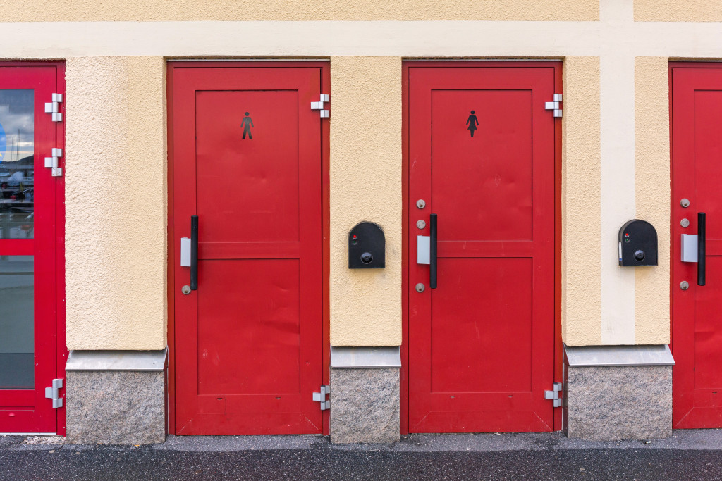Red doors of public bathroom