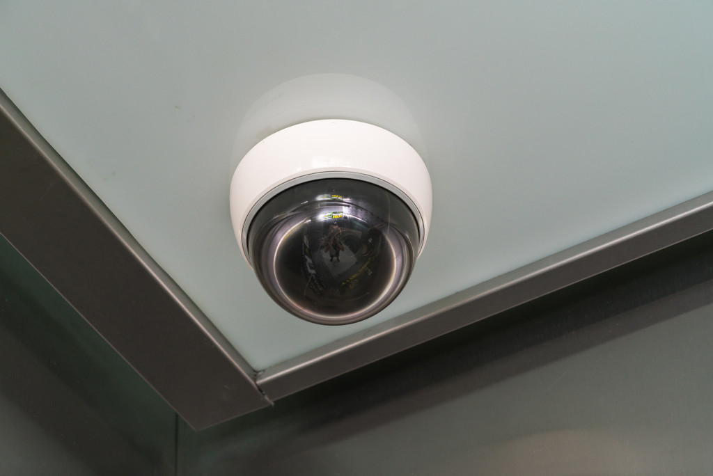 A security camera installed on the ceiling